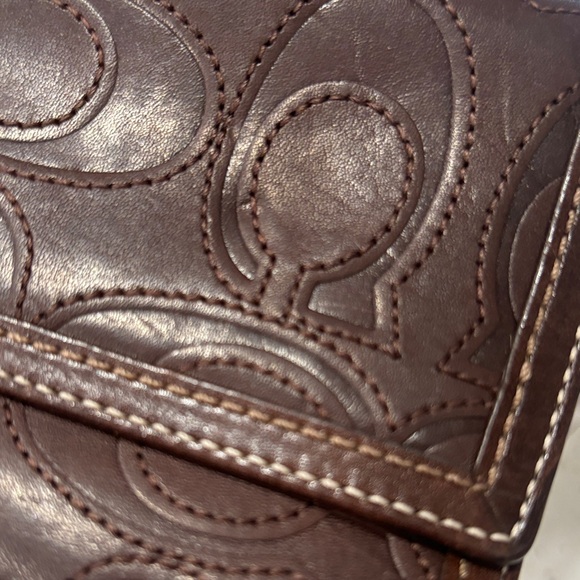 Coach Dark Brown Embossed Signature Leather Wallet with Gold Snap - Picture 2 of 13